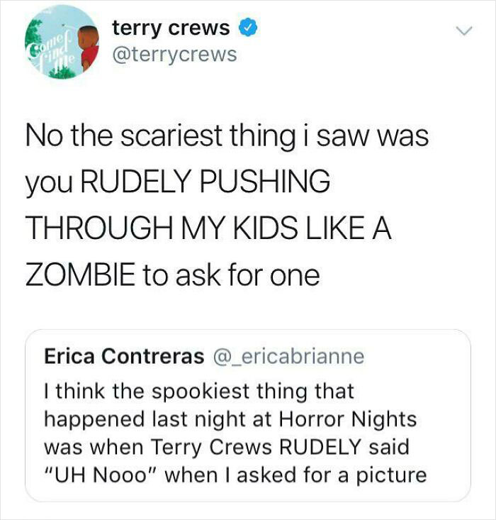 Tweet exchange about encountering entitled people and a rude request in public.