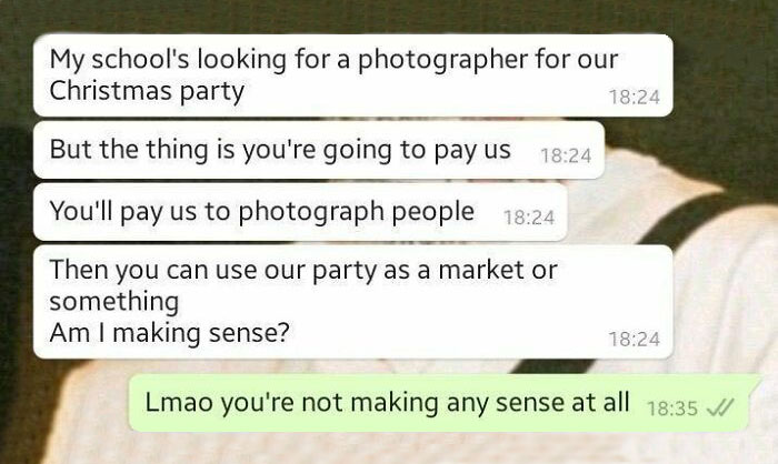 Text exchange displaying entitled people requests for free photography services at a school event.