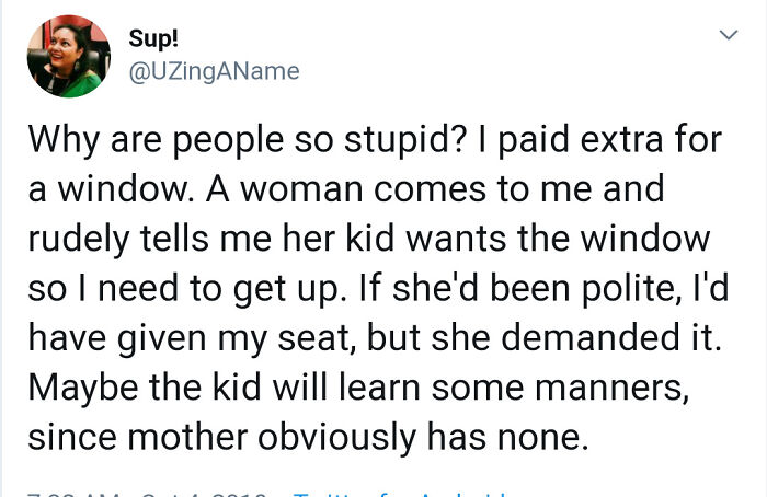 Tweet about a request from an entitled person demanding a window seat for a child, highlighting rude behavior.