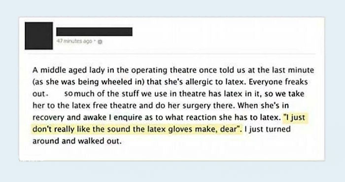 Social media post highlighting a humorous story about entitled people requests in an operating theatre.