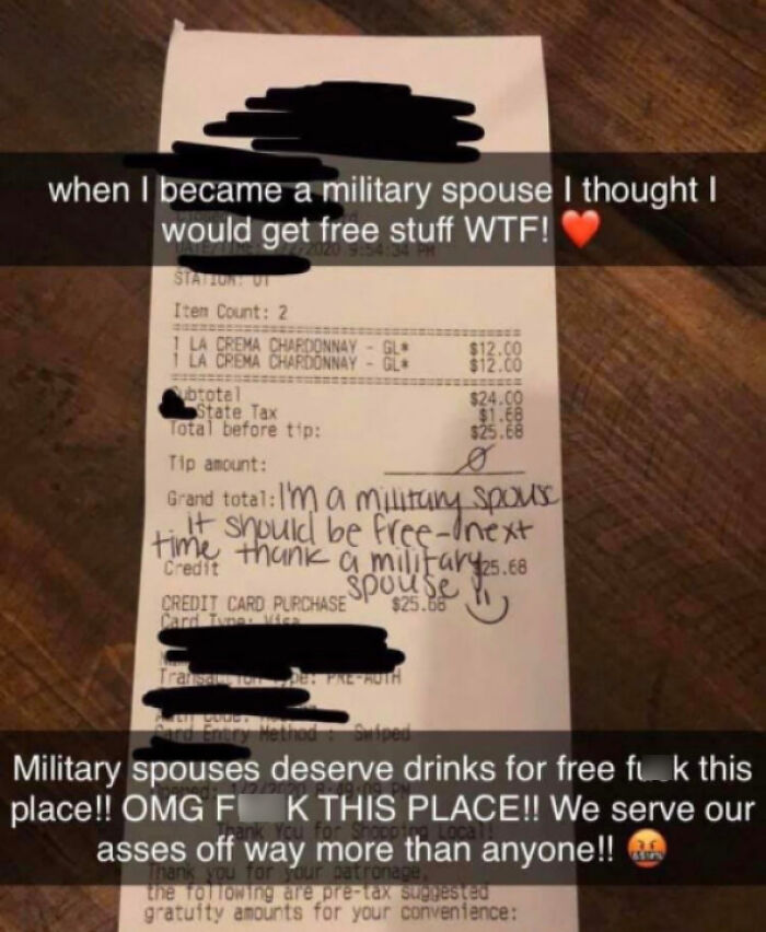 Receipt showing entitled people requests for free drinks, with handwritten complaint about military spouse benefits.