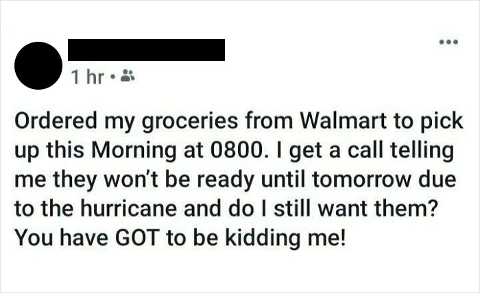 Social media post highlighting an entitled person's request about delayed grocery pickup due to a hurricane.