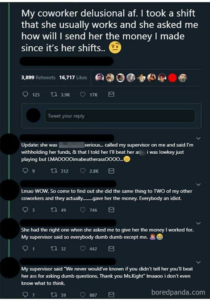 Screenshot of tweets about entitled people requests in a workplace scenario.