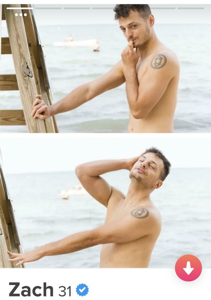 Shirtless man posing on the beach in a humorous Tinder profile photo.