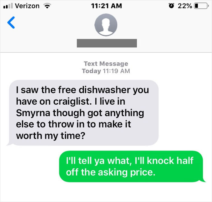 Screenshot of a text exchange displaying an entitled request for a free Craigslist dishwasher.
