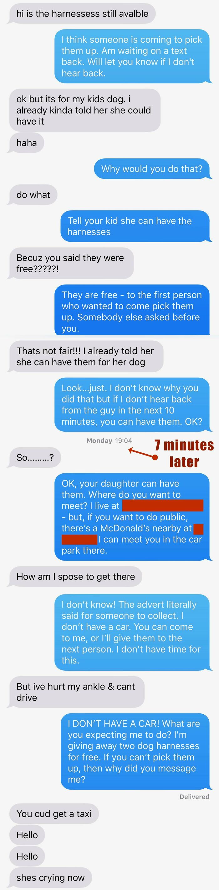 Text conversation showcasing entitled people requests for free dog harnesses.