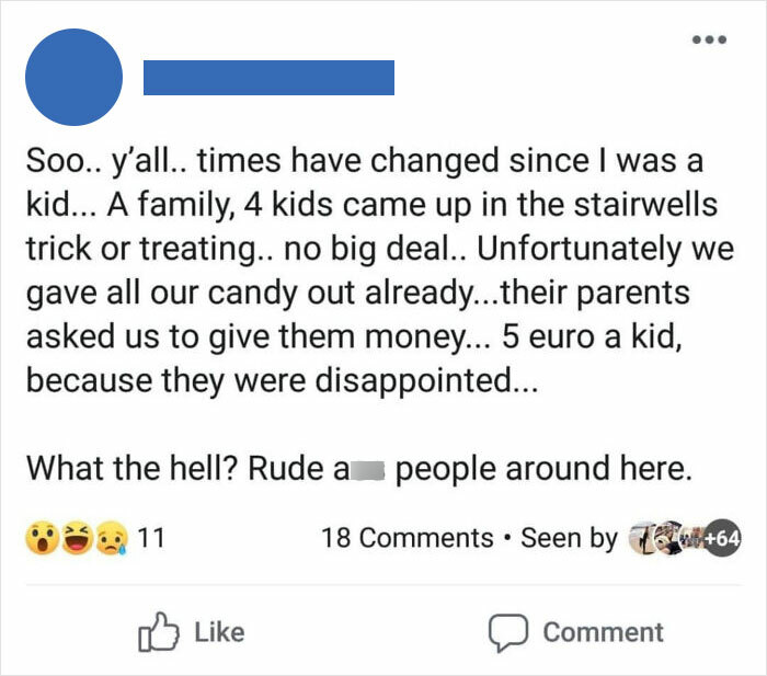 Social media post about entitled people requests during Halloween trick-or-treating.