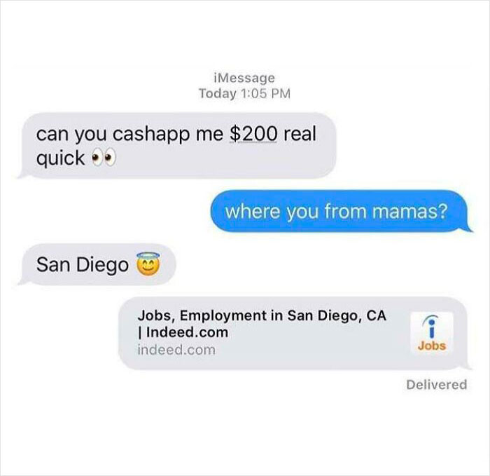 Text conversation showcasing an entitled person request for $200 with a humorous job suggestion.