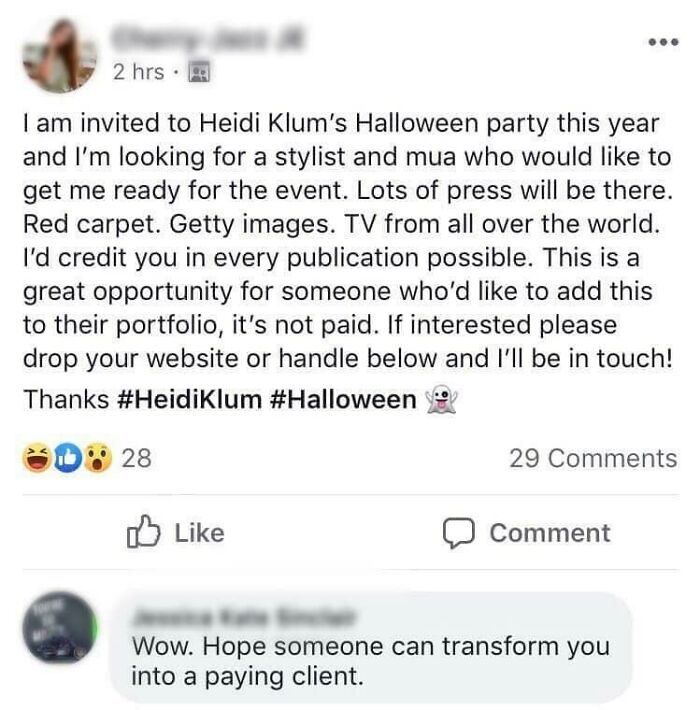 Social media post about Entitled-People-Requests for unpaid stylist work at a celebrity Halloween party.