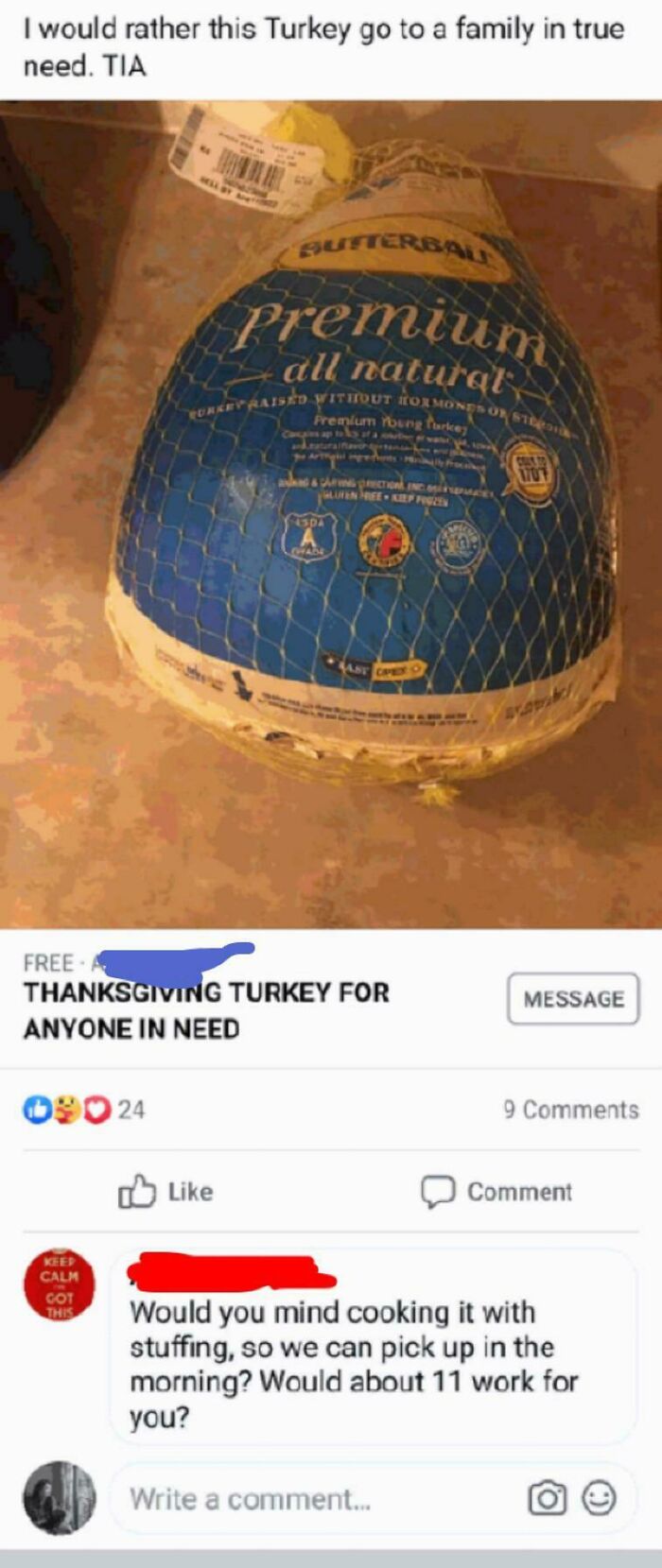 Image of a turkey offer with a comment asking for it to be cooked, highlighting entitled people requests.