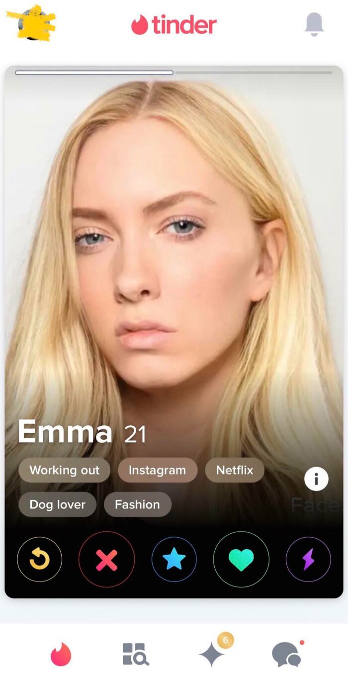 Tinder profile of a woman named Emma, 21, highlighting interests: working out, Instagram, Netflix, dogs, and fashion.