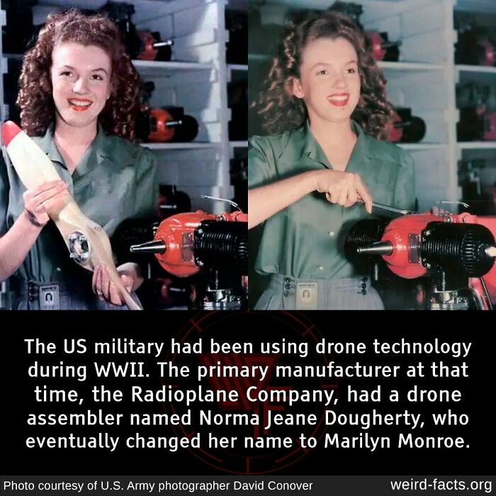 Woman in a factory assembling drone technology during WWII, related to weird and random facts.