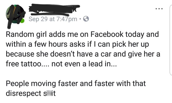 Social media post discussing an entitled request for a free tattoo and ride, highlighting entitled people requests.