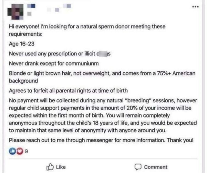 Social media post with unrealistic s***m donor requests showcasing entitled-people-requests.