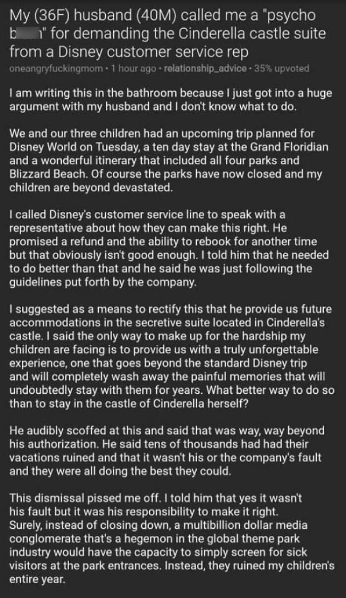 From Facebook: This Insane Mom Is Upset With Disney B/C Her Vacation Got Ruined And Demands The Cinderella Suite! Part 1 (I Died From Laughter Because She’s Fucking Crazy)