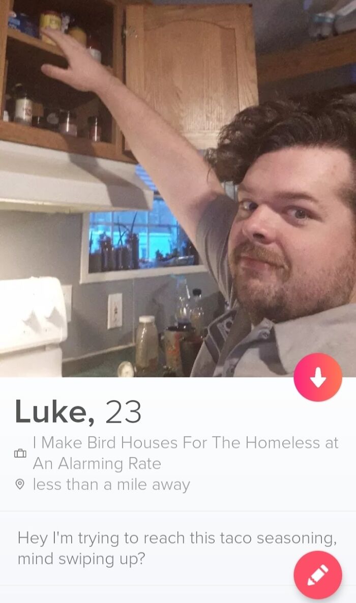 Man reaching for seasoning in kitchen, highlighting funny Tinder profile featuring quirky hobbies.