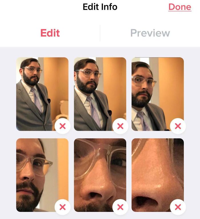 Tinder profile with multiple close-up face shots, including a bearded man in a suit and glasses.