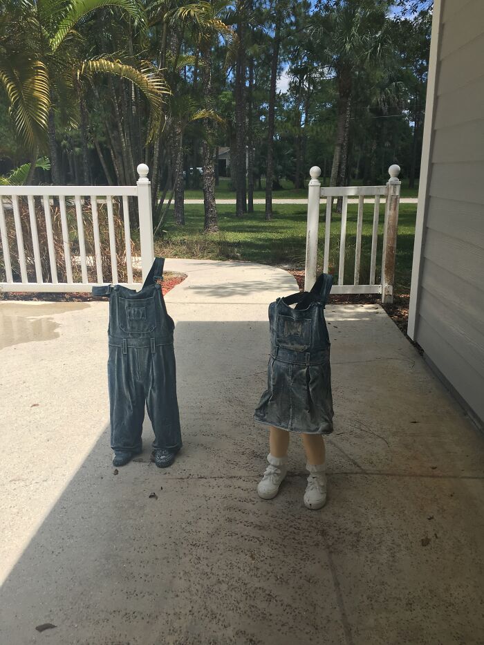 Headless overalls statues for hilarious in-laws garden decoration joke.