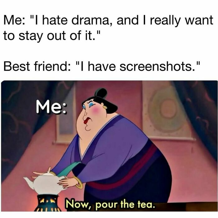 Character from an animated movie pouring tea with text about drama and screenshots; relatable memes about tea and drama.