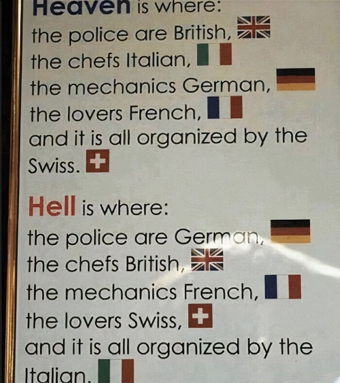 Humorous historical meme contrasting heaven and hell with national stereotypes.