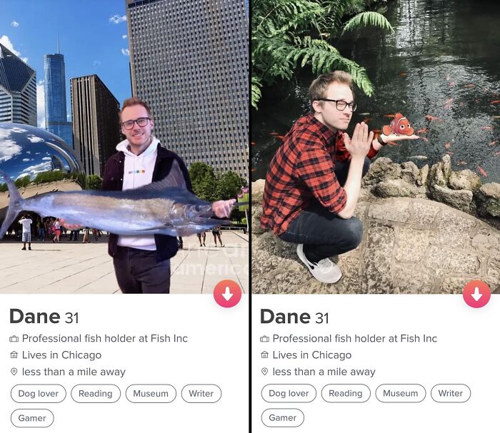 Man posing with a large fish and a toy fish on Tinder profile; creative Tinder profiles.