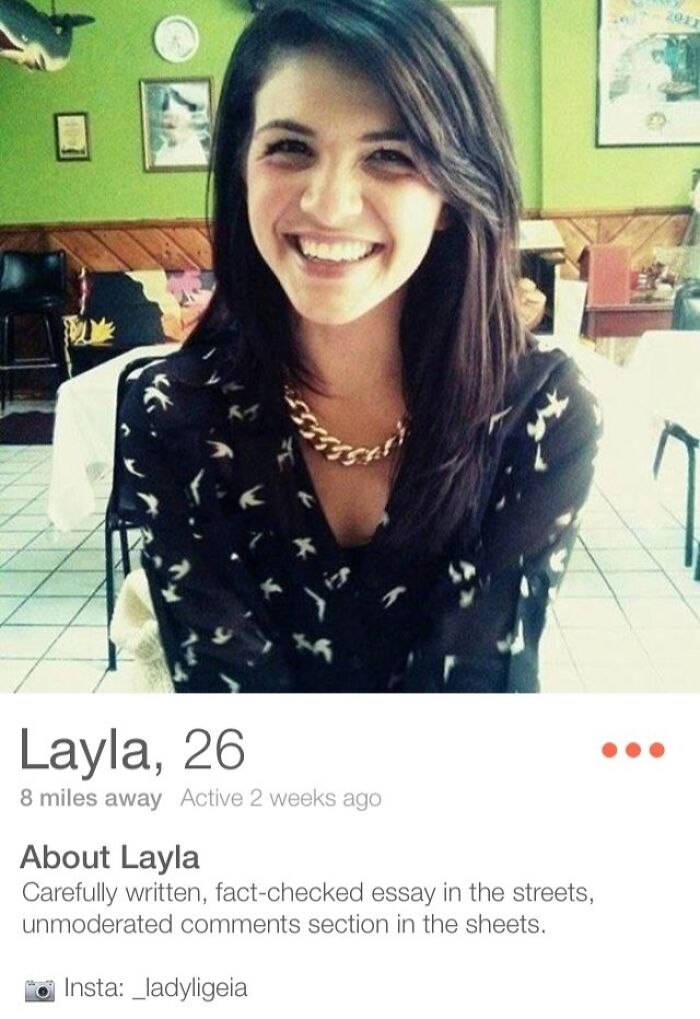 Smiling woman on a Tinder profile with amusing and unconventional description.