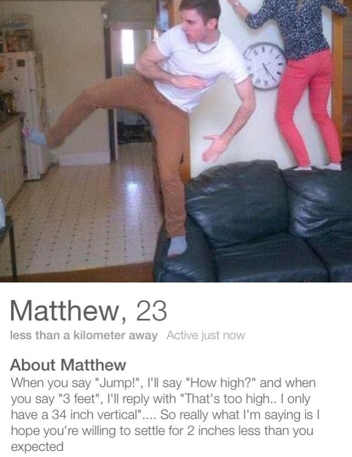 Funny Tinder profile showing a guy mid-jump in a living room, alongside a humorous bio about jumping heights.