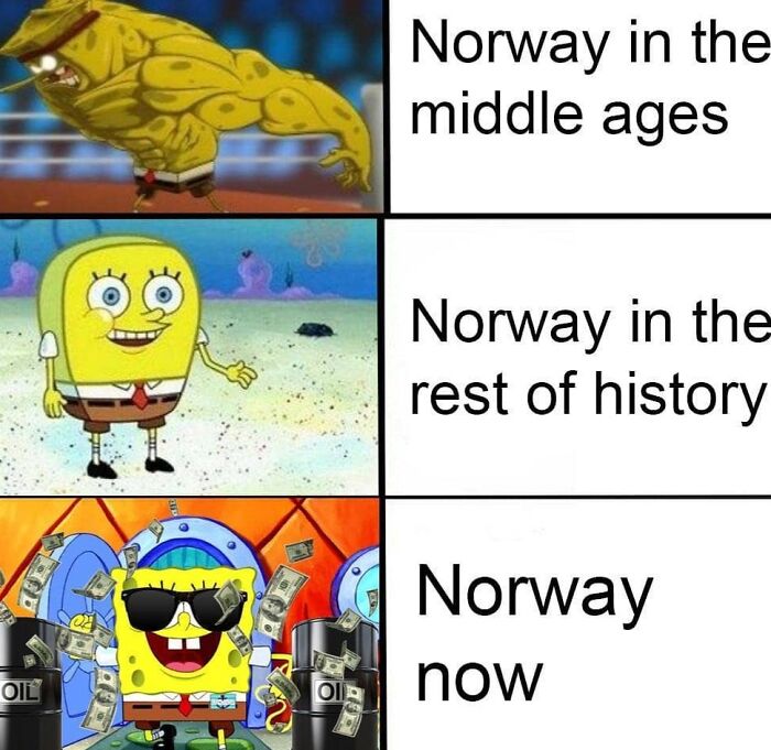 Hilarious historical memes featuring SpongeBob images depicting Norway's evolution through time.