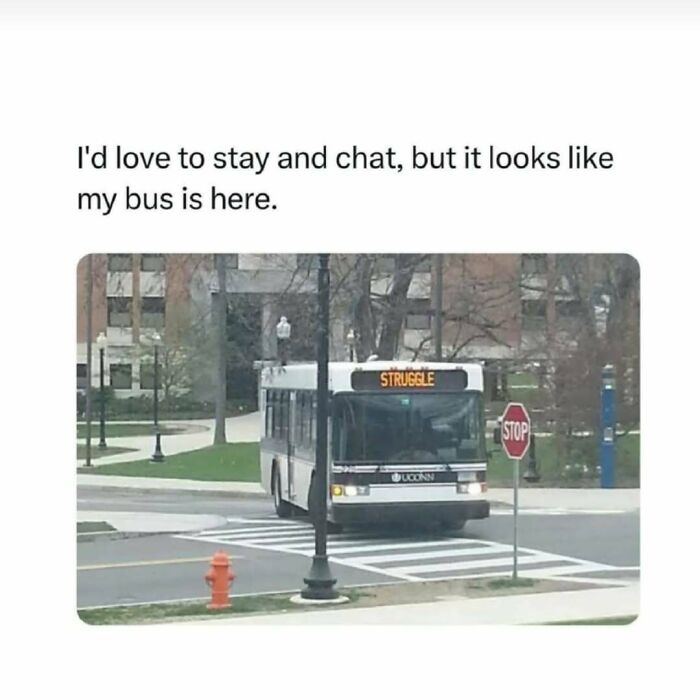 A bus labeled "Struggle" arrives, humorously capturing relatable mental health challenges.