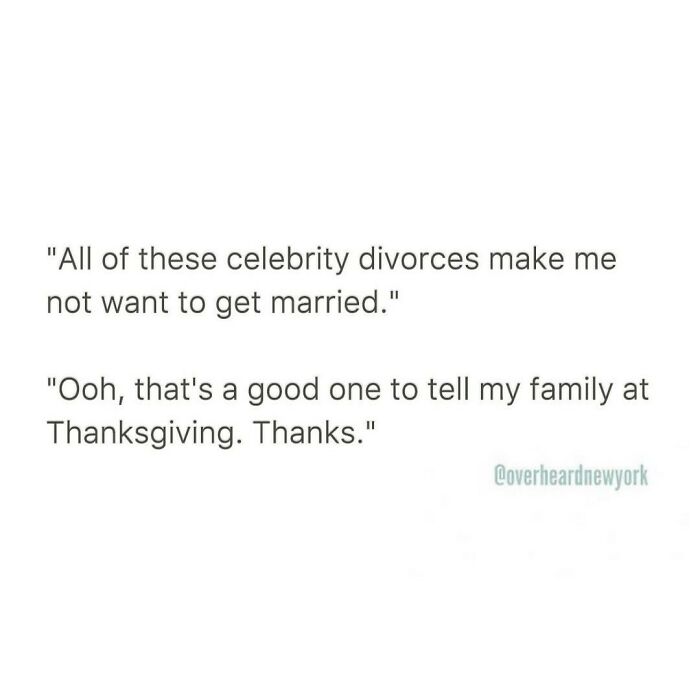 Text conversation about celebrity divorces and family talks, illustrating wild NYC conversations people can't believe they heard.