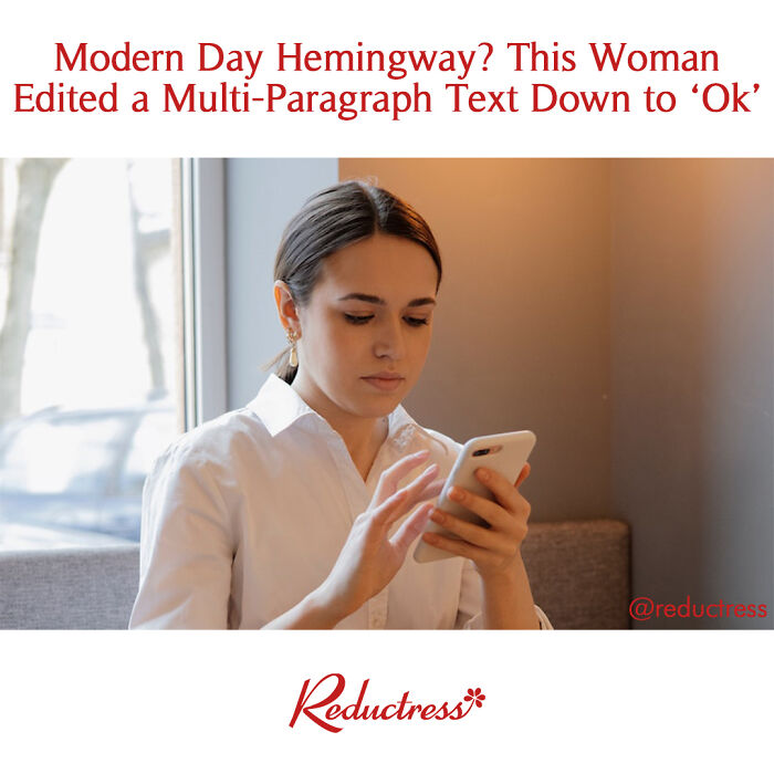 Woman in white shirt using smartphone, editing long text down to "Ok," demonstrating a hilarious fake headline.