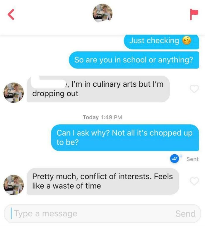 Humorous Tinder post exchange about culinary school dropout with puns.