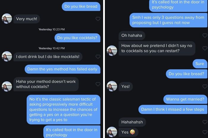 Humorous-Tinder-Posts showing a funny conversation about bread, mocktails, and the "yes method" tactic.