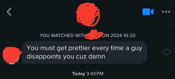 Tinder chat with a humorous pickup line about getting prettier after disappointment.