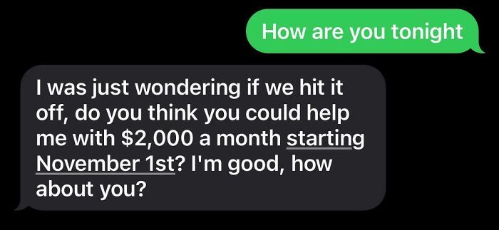 Screenshot of a humorous Tinder conversation about asking for $2,000 monthly starting November 1st.
