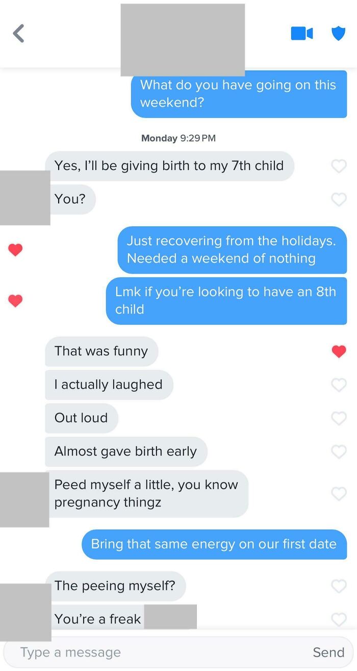 Humorous Tinder chat exchange about weekend plans and pregnancy-related humor.