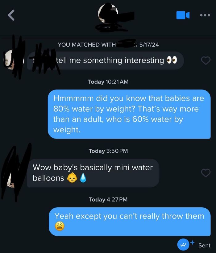 Humorous Tinder post with a conversation about babies being compared to mini water balloons.