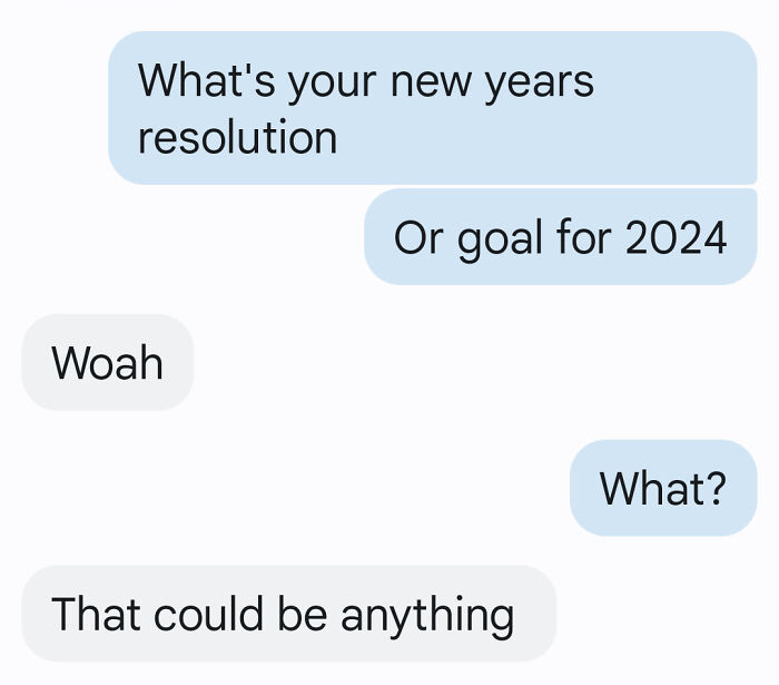 Humorous Tinder post about New Year's resolutions, with a playful conversation on potential goals for 2024.