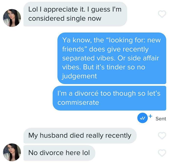 Humorous Tinder post showing a conversation about relationship status ending with an unexpected twist.