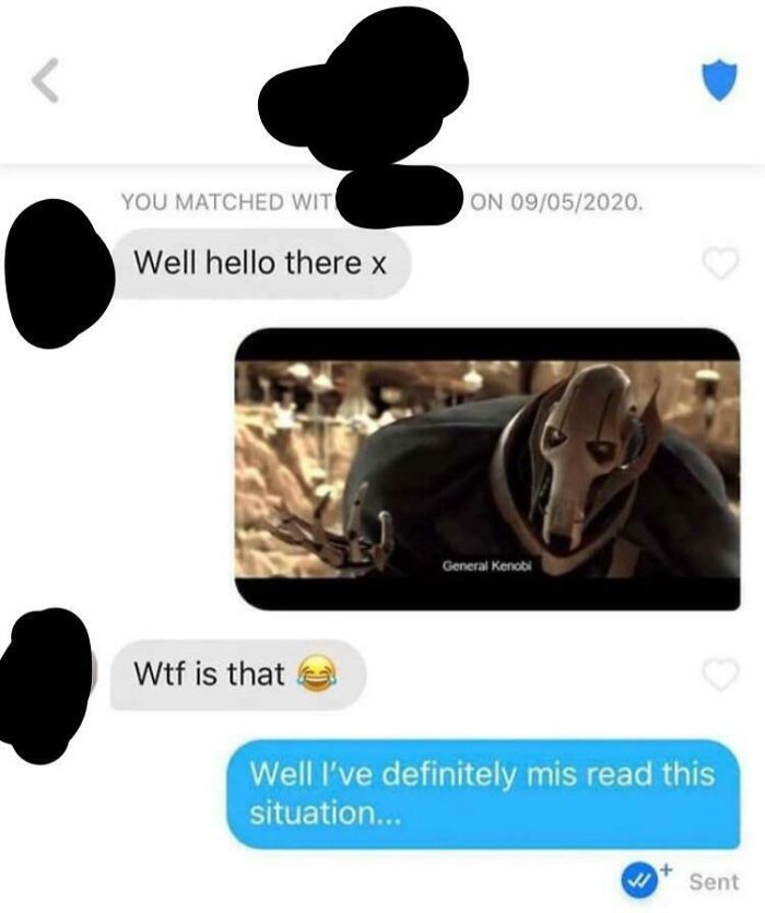 Humorous Tinder posts showing a conversation with a meme misunderstanding.