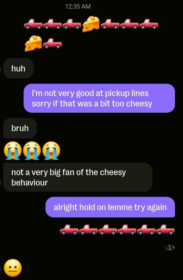 Humorous Tinder conversation featuring cheesy pickup lines and emoji reactions.