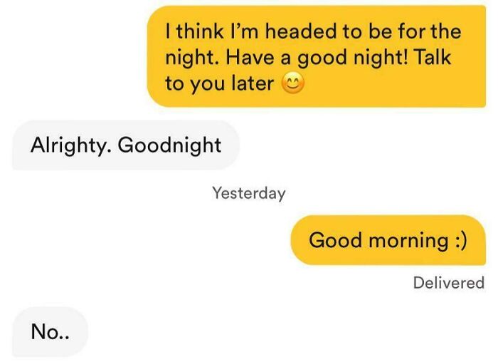 Humorous Tinder post featuring a funny text exchange about saying goodnight and good morning.