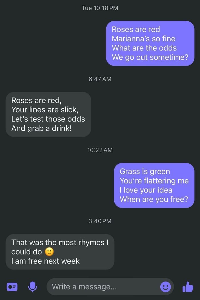 Chat exchange with humorous Tinder posts featuring poetic pickup lines and emoji responses.