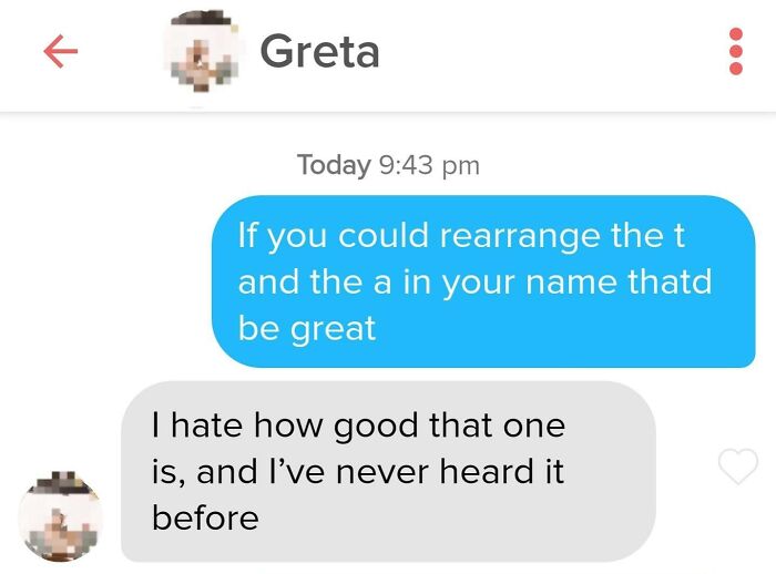 Humorous Tinder post with a witty name rearrangement joke in a chat exchange.