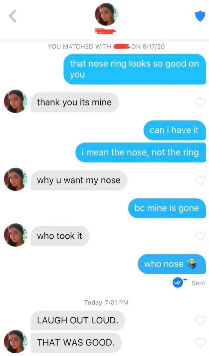 A humorous Tinder chat exchange featuring a playful nose ring joke.