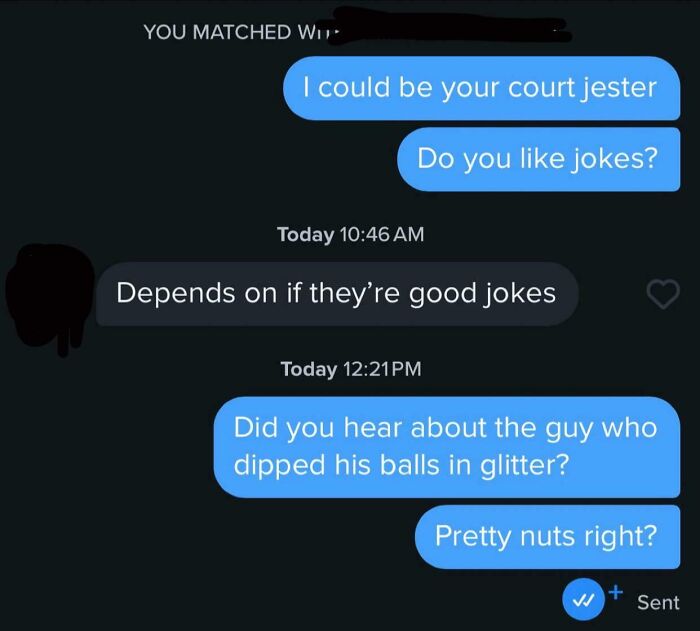 Humorous Tinder post with a playful joke about glitter and court jesters in conversation.