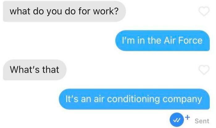 Humorous Tinder post with a funny exchange about being in the Air Force, joking it's an air conditioning company.