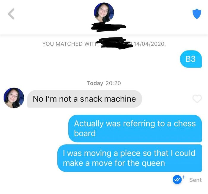 Humorous Tinder post with playful chat about chess and snacks.