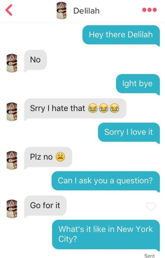 Chat exchange showing humorous-Tinder-posts scenario with playful texting.
