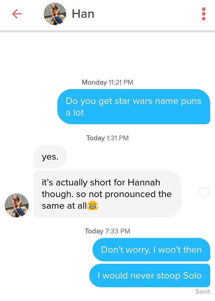 Tinder conversation with humorous Star Wars name puns about Han and Hannah.